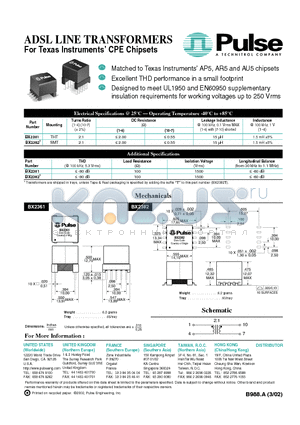 BX2361T datasheet - ADSL LINE TRANSFORMERS For Texas Instruments CPE Chipsets