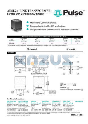 BX2639L datasheet - ADSL2 LINE TRANSFORMER For Use with Centillium CO Chipset