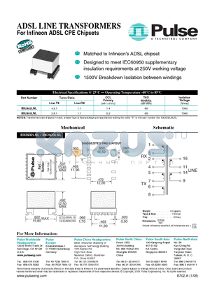 BX2932LNLT datasheet - ADSL LINE TRANSFORMERS For Infineon ADSL CPE Chipsets