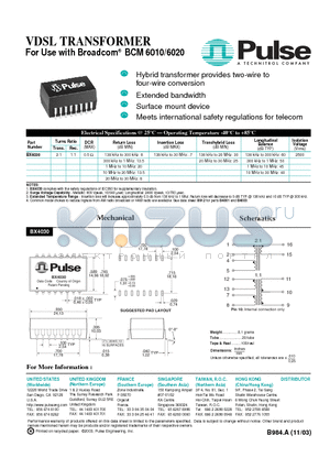 BX4030 datasheet - VDSL TRANSFORMER VDSL TRANSFORMER