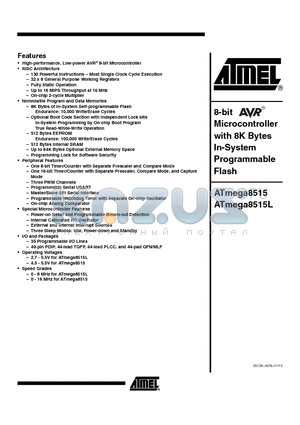 ATMEGA8515L-8PU datasheet - 8-bit Microcontroller with 8K Bytes In-System Programmable Flash