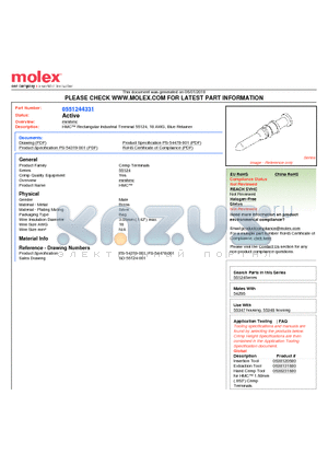 0551244331 datasheet - HMC Rectangular Industrial Terminal 55124, 18 AWG, Blue Retainer