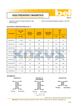 0553-0013-13 datasheet - HIGH FREQUENCY MAGNETICST1/CEPT Single Line Interface Transformers