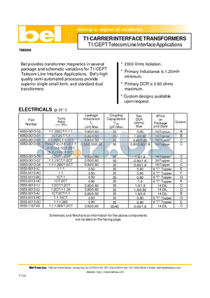 0553-0013-1J datasheet - T1 CARRIER INTERFACE TRANSFORMERS T1/CEPT Telecom Line Interface Applications