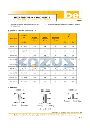 0553-0013-AC datasheet - HIGH FREQUENCY MAGNETICST1/CEPT Single Line Interface Transformers