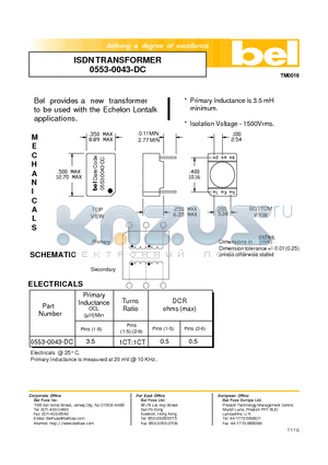 0553-0043-DC datasheet - ISDN TRANSFORMER