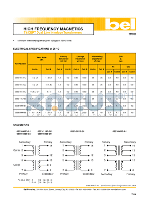 0553-1167-00 datasheet - T1/CEPT Dual Line Interface Transformers