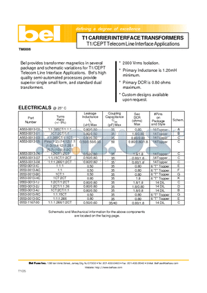 0553-1167-00 datasheet - T1 CARRIER INTERFACE TRANSFORMERS T1/CEPT Telecom Line Interface Applications
