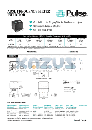 BX8027W datasheet - ADSL FREQUENCY FILTER INDUCTOR