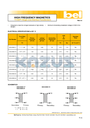 0553-6500-20 datasheet - T1/CEPT Single Line Interface Transformers