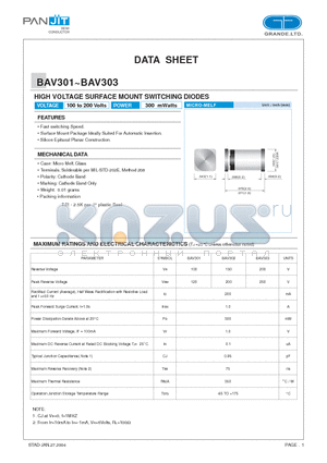 BAV301 datasheet - HIGH VOLTAGE SURFACE MOUNT SWITCHING DIODES