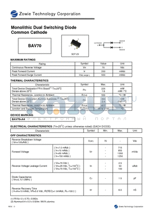 BAV70 datasheet - MONOLITHIC DUAL SWITCHING DIODE COMMON CATHODE