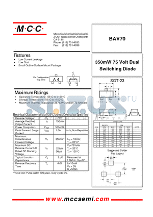 BAV70 datasheet - 350mW 75 Volt Dual Switching Diode