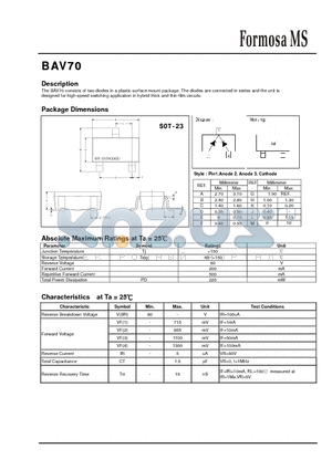 BAV70 datasheet - The BAV70 consists of two diodes in a plastic surface mount package