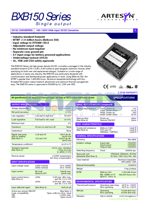 BXB150 datasheet - 100-150W Wide Input DC/DC Converters