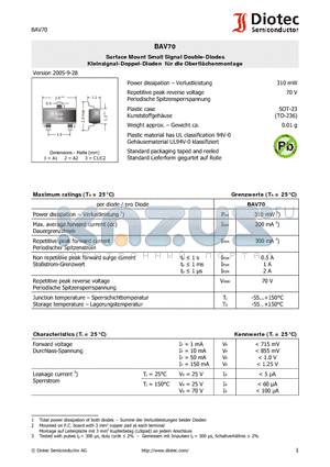 BAV70 datasheet - Surface Mount Small Signal Double-Diodes