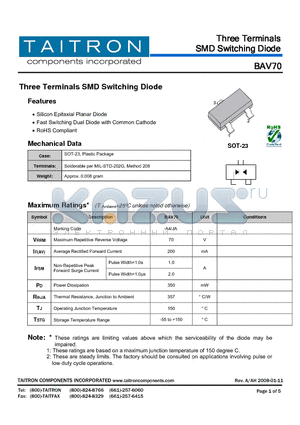 BAV70 datasheet - Three Terminals SMD Switching Diode