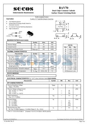 BAV70 datasheet - Dual Chips Common Cathode Surface Mount Switching Diode