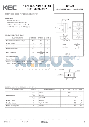 BAV70 datasheet - SILICON EPITAXIAL PLANAR DIODE