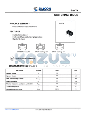 BAV70 datasheet - SWITCHING DIODE