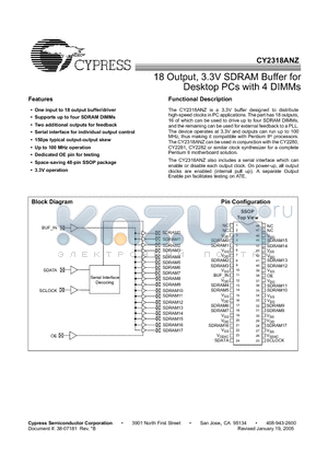 CY2318ANZOXC-11 datasheet - 18 Output, 3.3V SDRAM Buffer for Desktop PCs with 4 DIMMs