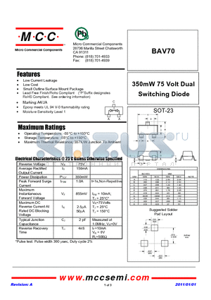 BAV70 datasheet - 350mW 75 Volt Dual Switching Diode
