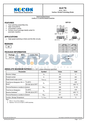 BAV70 datasheet - 0.2A , 70 V Surface Mount Switching Diode