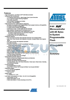 ATMEGA88PA datasheet - 8-bit Microcontroller with 8K Bytes In-System Programmable Flash