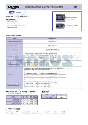 BXF datasheet - MINIATURE ALUMINUM ELECTROLYTIC CAPACITORS