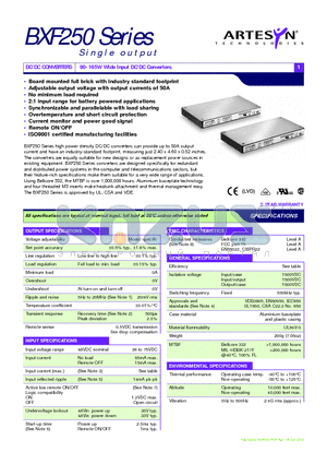 BXF250 datasheet - 90-165W Wide Input DC/DC Converters