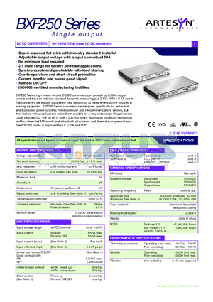 BXF250-48S2V0L datasheet - 90-165W Wide Input DC/DC Converters