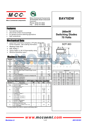 BAV70DW datasheet - 200mW Switching Diodes 75 Volts