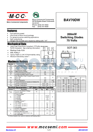 BAV70DW_13 datasheet - 200mW Switching Diodes 75 Volts