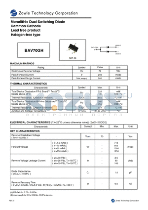 BAV70GH datasheet - Monolithic Dual Switching Diode Common Cathode Lead free product Halogen-free type