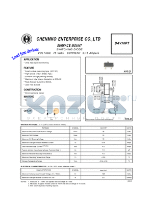 BAV70PT datasheet - SWITCHING DIODE VOLTAGE 75 Volts CURRENT 0.15 Ampere