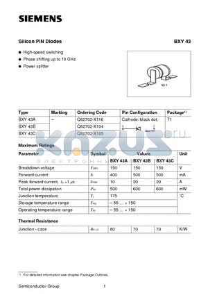 BXY43A datasheet - Silicon PIN Diodes (High-speed switching Phase shifting up to 10 GHz Power splitter)