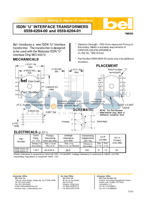 0559-6204-01 datasheet - ISDN U INTERFACE TRANSFORMERS