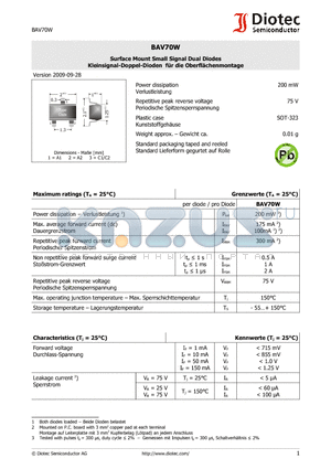 BAV70W datasheet - Surface Mount Small Signal Dual Diodes