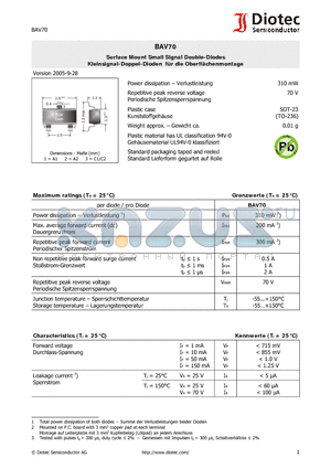 BAV70_07 datasheet - Surface Mount Small Signal Double-Diodes