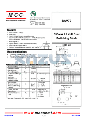 BAV70_13 datasheet - 350mW 75 Volt Dual Switching Diode