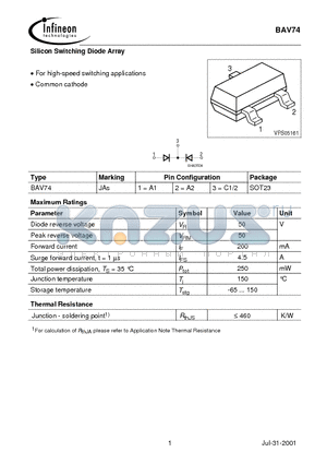 BAV74 datasheet - Silicon Switching Diode Array