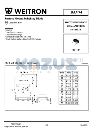 BAV74 datasheet - Surface Mount Switching Diode