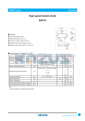 BAV74 datasheet - High-speed double diode