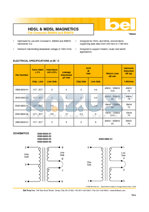 0560-6600-01 datasheet - HDSL & MDSL MAGNETICS For Conexant Bt8960 and Bt8970