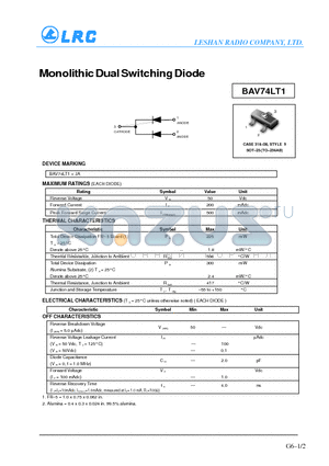BAV74LT1 datasheet - Monolithic Dual Switching Diode