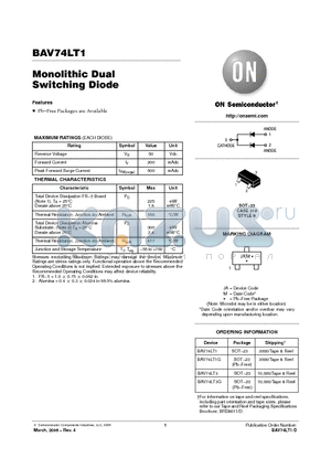 BAV74LT1 datasheet - Monolithic Dual Switching Diode