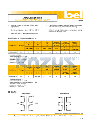 0560-6600-B1 datasheet - ADSL Magnetics Lucent WildWire 12V ADSL Full Rate CO