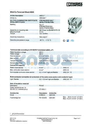 0561002 datasheet - Mini-Ex-Terminal block MXK