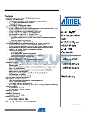 ATMEGA8U2 datasheet - 8-bit Microcontroller with 8/16/32K Bytes of ISP Flash and USB Controller