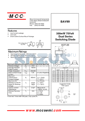 BAV99 datasheet - 350mW 75Volt Dual Series Switching Diode